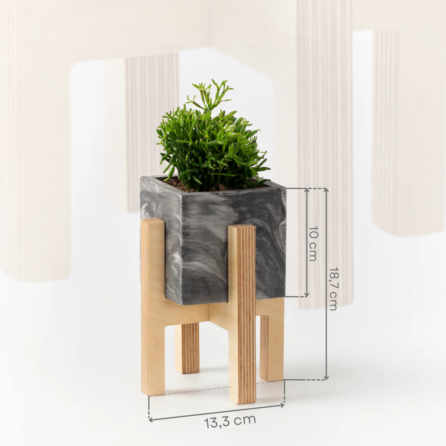 Black Concrete Flower Pot with Wooden Leg