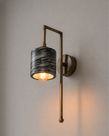 Black Marble Textured Bronze Metal Detail Cylinder Sconce