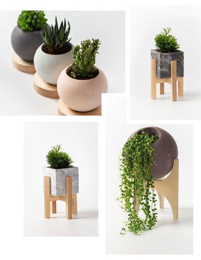 Round Concrete Flower Pot With Wooden Leg