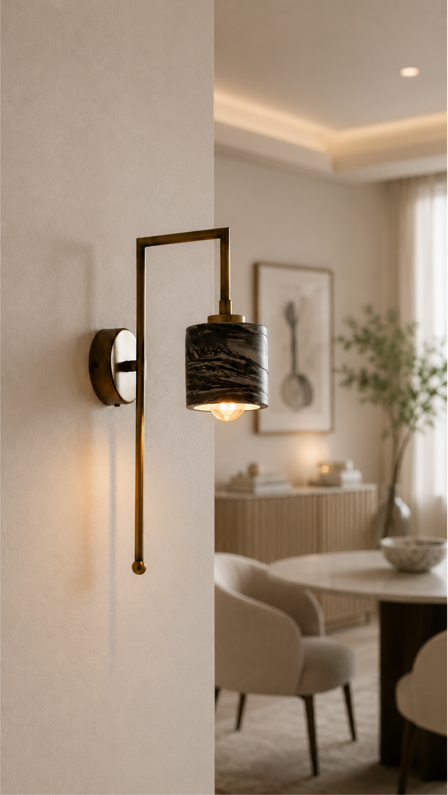 Siyah Mermer Dokulu Bronz Metal Detay Silindir Beton Aplik