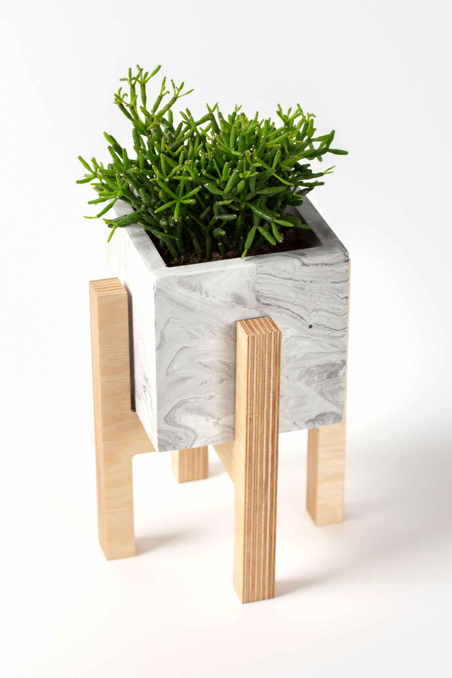 White Concrete Flower Pot with Wooden Leg