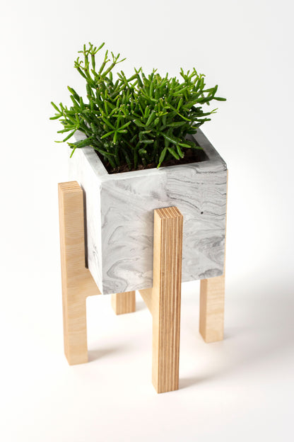 Black Concrete Flower Pot with Wooden Leg