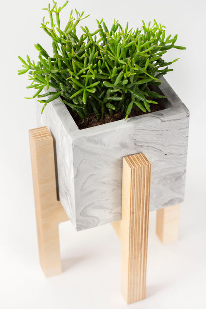 White Concrete Flower Pot with Wooden Leg