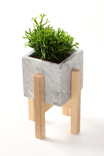 White Concrete Flower Pot with Wooden Leg
