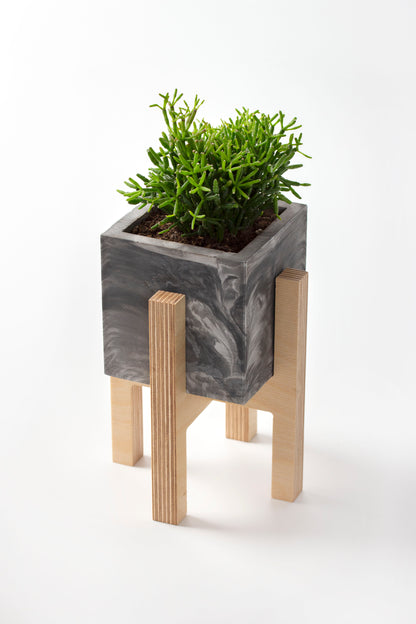 Black Concrete Flower Pot with Wooden Leg