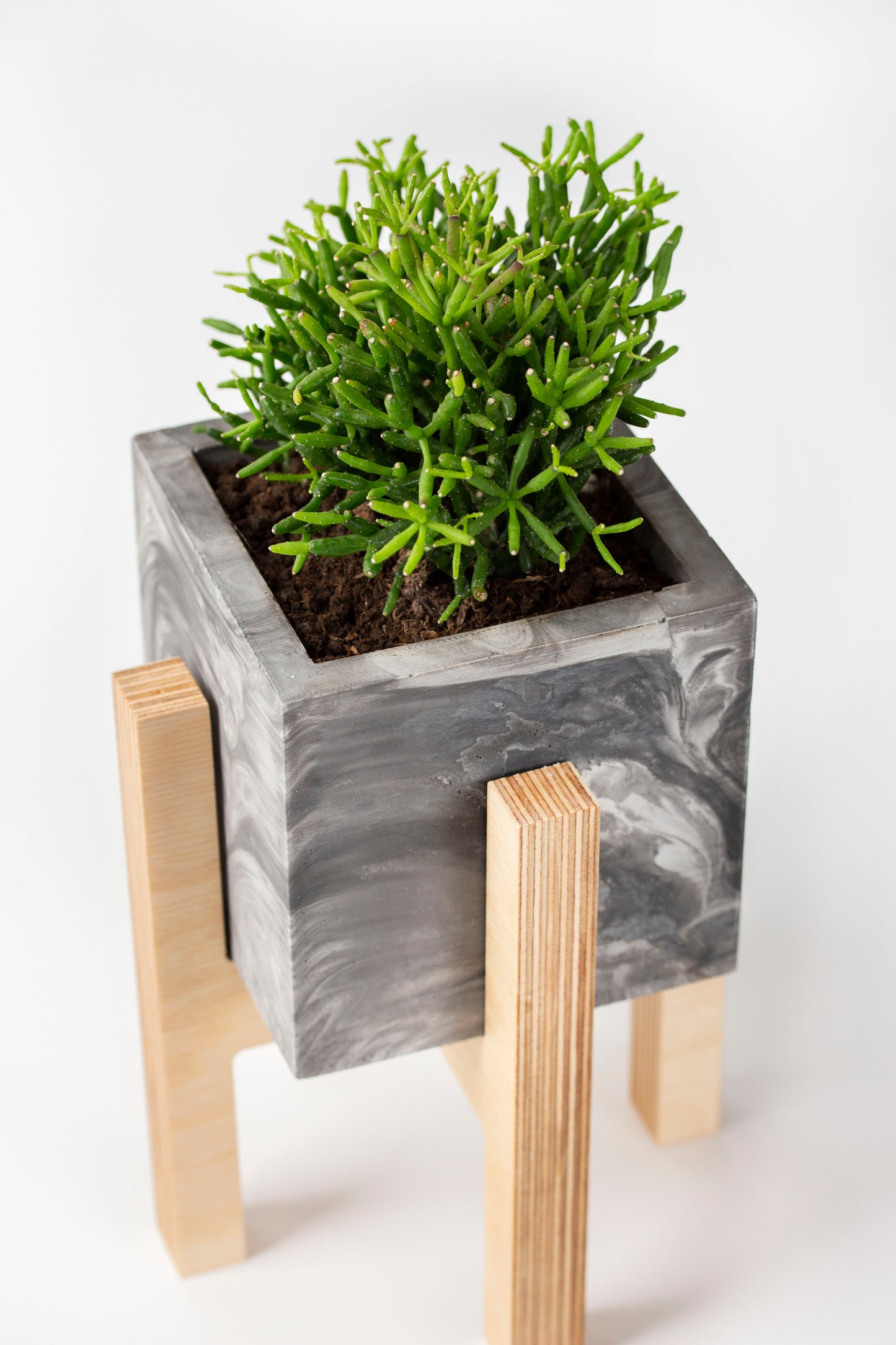 Black Concrete Flower Pot with Wooden Leg