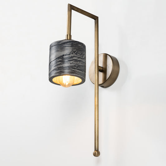 Black Marble Textured Bronze Metal Detail Cylinder Sconce