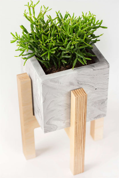 White Concrete Flower Pot with Wooden Leg